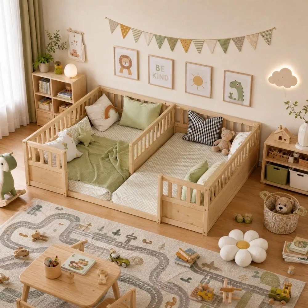 Twin Size Double Montessori Floor Bed with Guardrails for Kids 2 in 1 Pine Wood Low Profile Platform Bed with Semi
