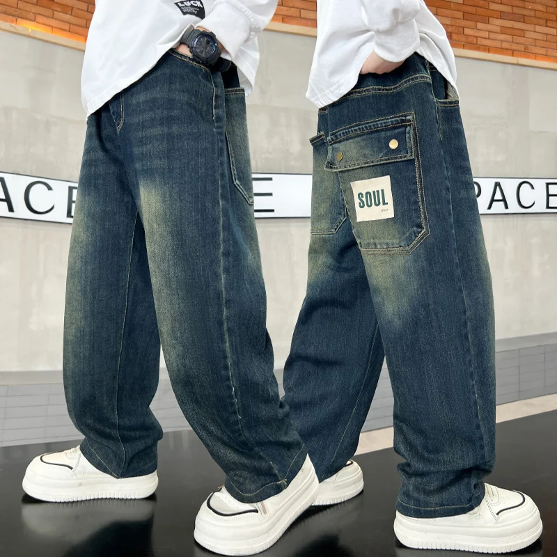 

Luxury Big Boy Vintage Blue Jeans Kids Casual Wide Straight Denim Pants Elegant Baby Child Jeans Trousers 5 6 7 8 9 10 11 12 14Y