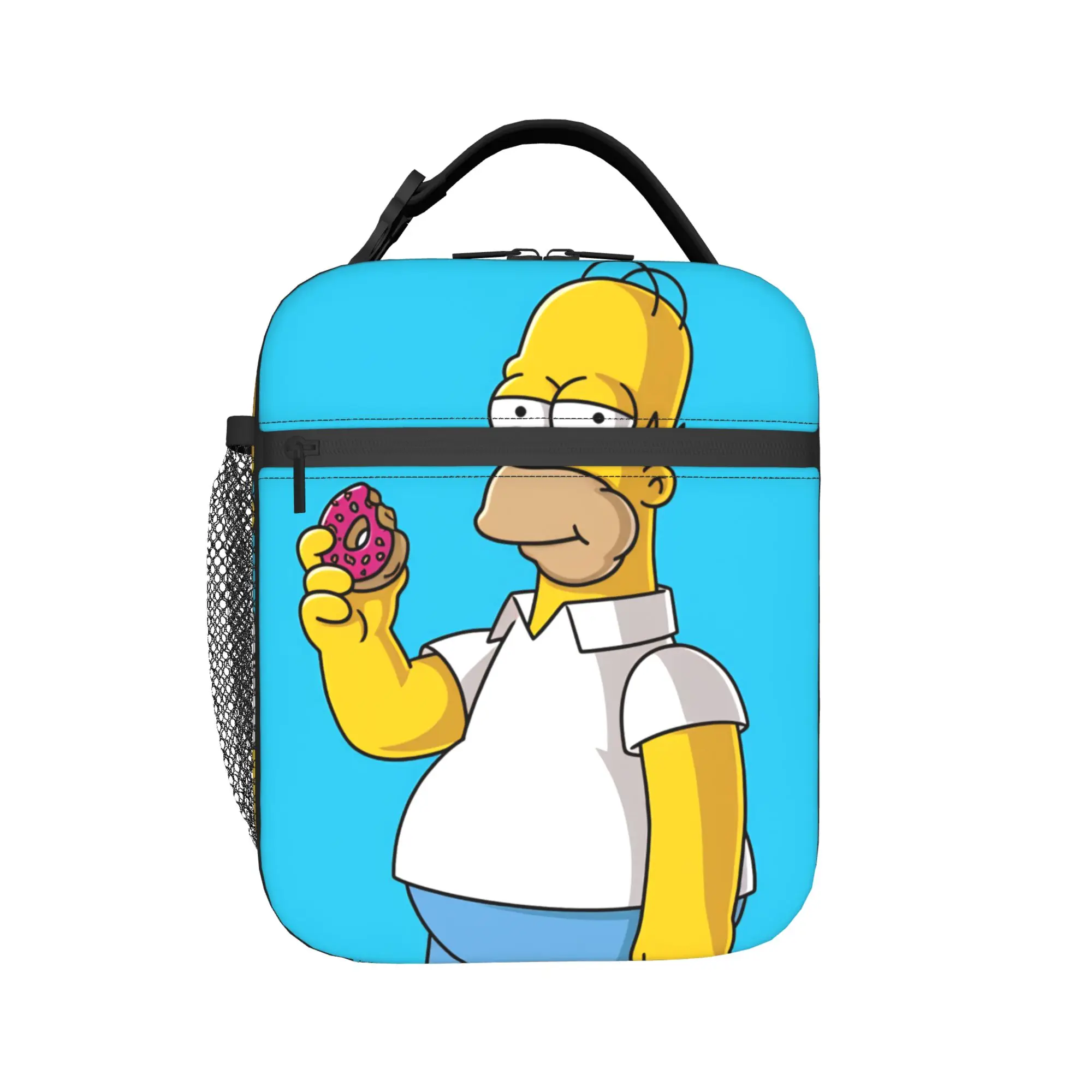 Homer S-Simpsons Holding Pink Donut Lunch Bag Outdoor Picnic Lunch Box For Women Leisure Thermal Tote Handbags Zipper Cooler Bag