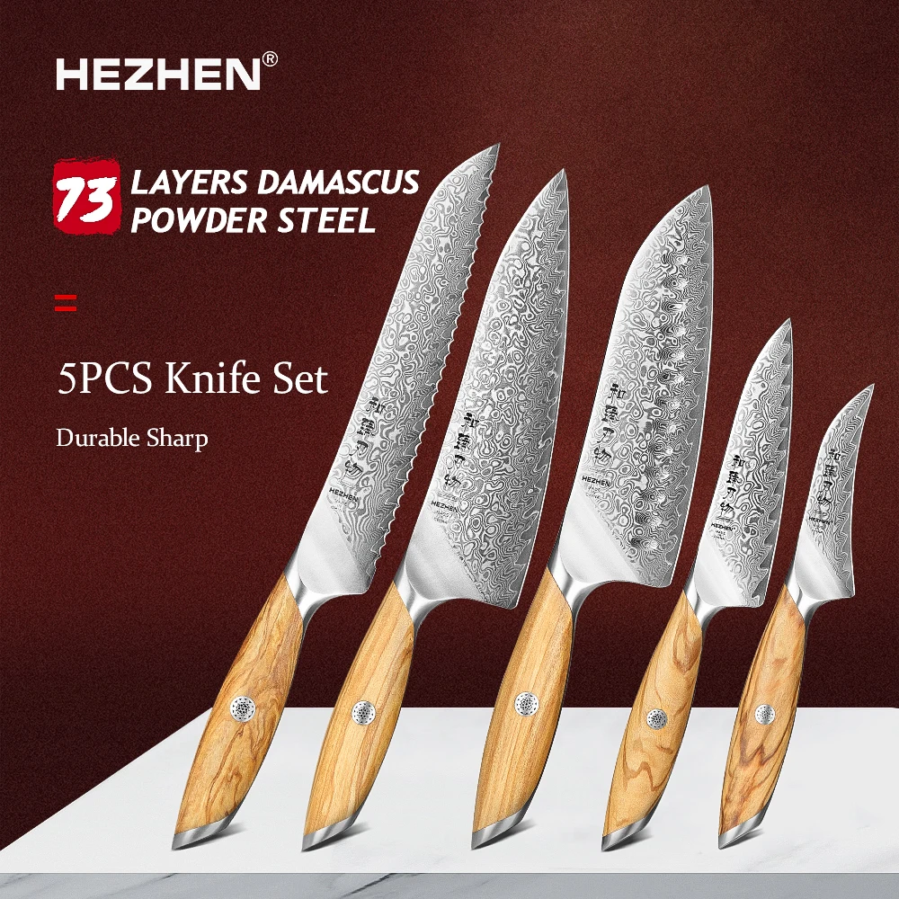 HEZHEN 5PC Knife Set Flagship Series 73 Layers Damascus Steel Olive Wood Handle Chef Utility Kitchen Tools Cutting Food