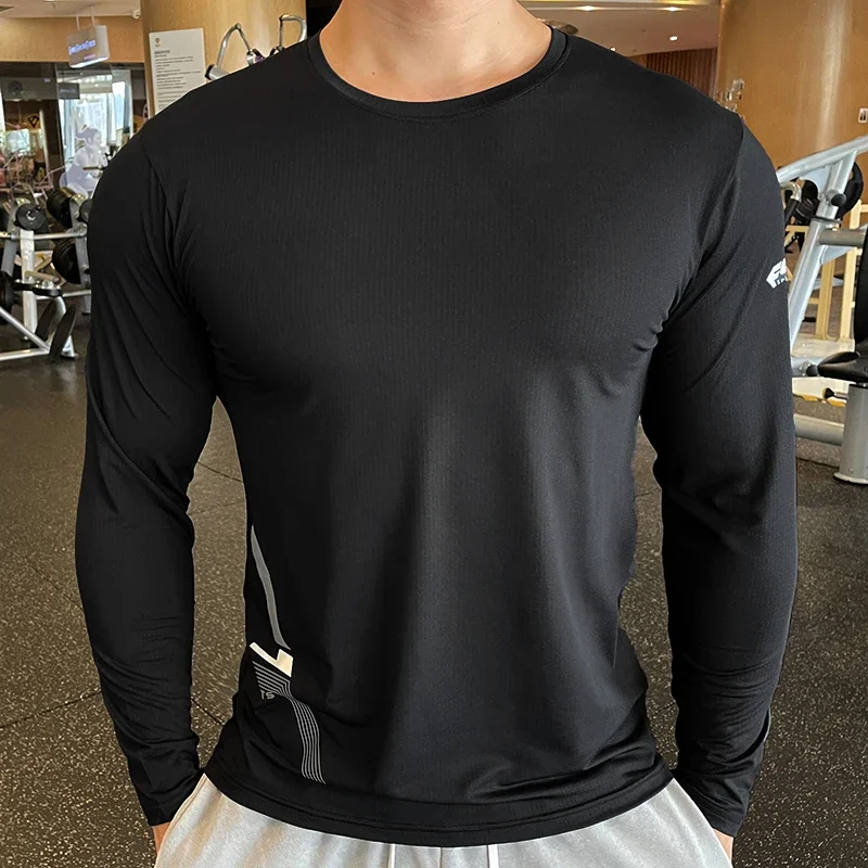 Chemise de Sport pour hommes, Compression de haute qualité, manches longues, vêtements supérieurs, col ras du cou, protection contre les éruptions