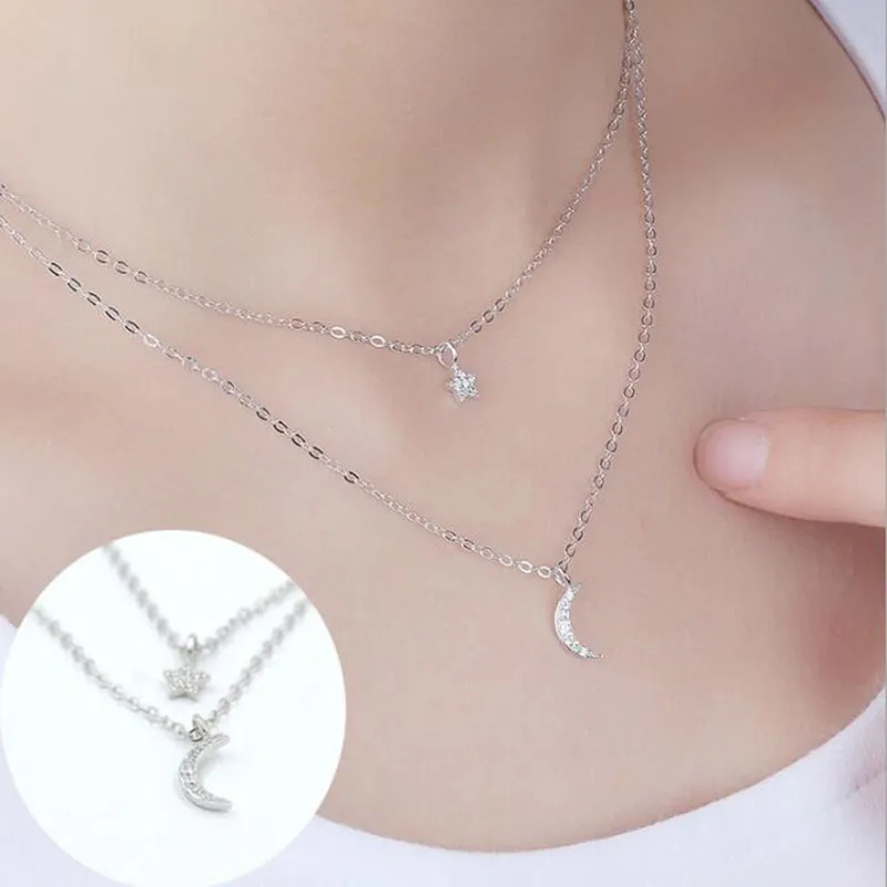 

Popular 925 Sterling Silver Jewelry Star Moon Crystal Double Layer Female Clavicle Chain Pendant Necklaces XL235