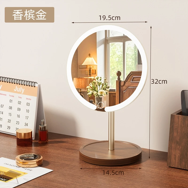 

Alloy Rod Lighted Makeup Mirror Led Rotating Desktop Vanity With Wooden Base For Home Dorm Table For Women Teens Birthday Gift