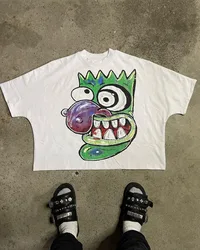 Y2K American vintage cartoon print short sleeve T-shirt Men Harajuku fashion High street couple oversized casual shirt