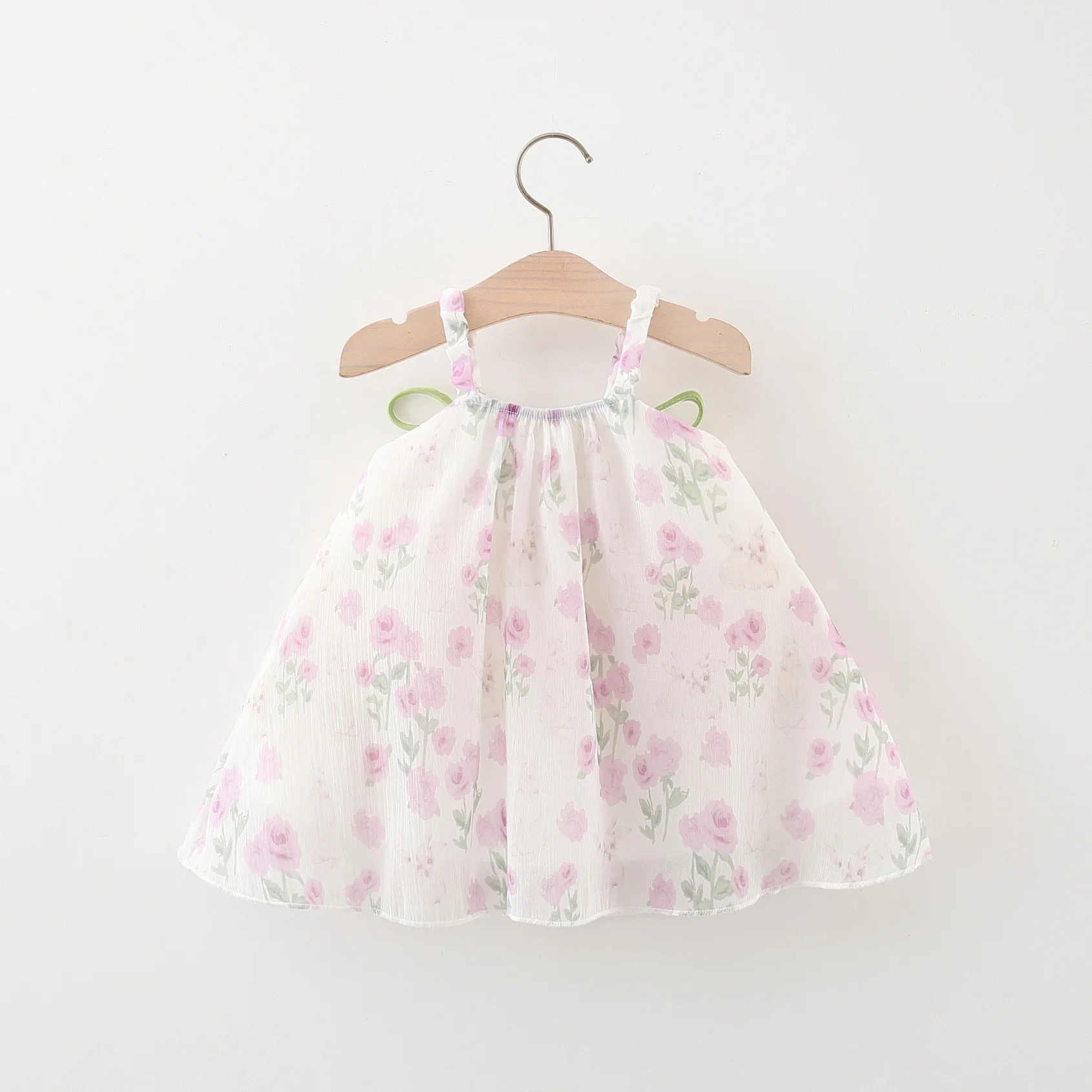 Girl\'s baby dress summer girl covered in flower print tulip bow decoration suspender chiffon princess dress