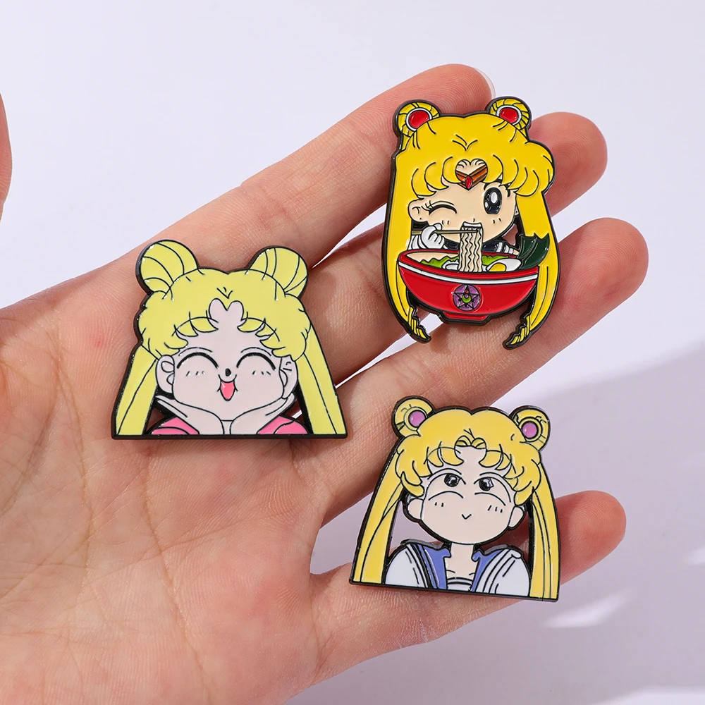 3 Pcs Cartoon Sailor Moon Brooch Creative Tsukino Usagi Enamel Pin Metal Badge Jewelry Backpack Clothing Accessories Gift