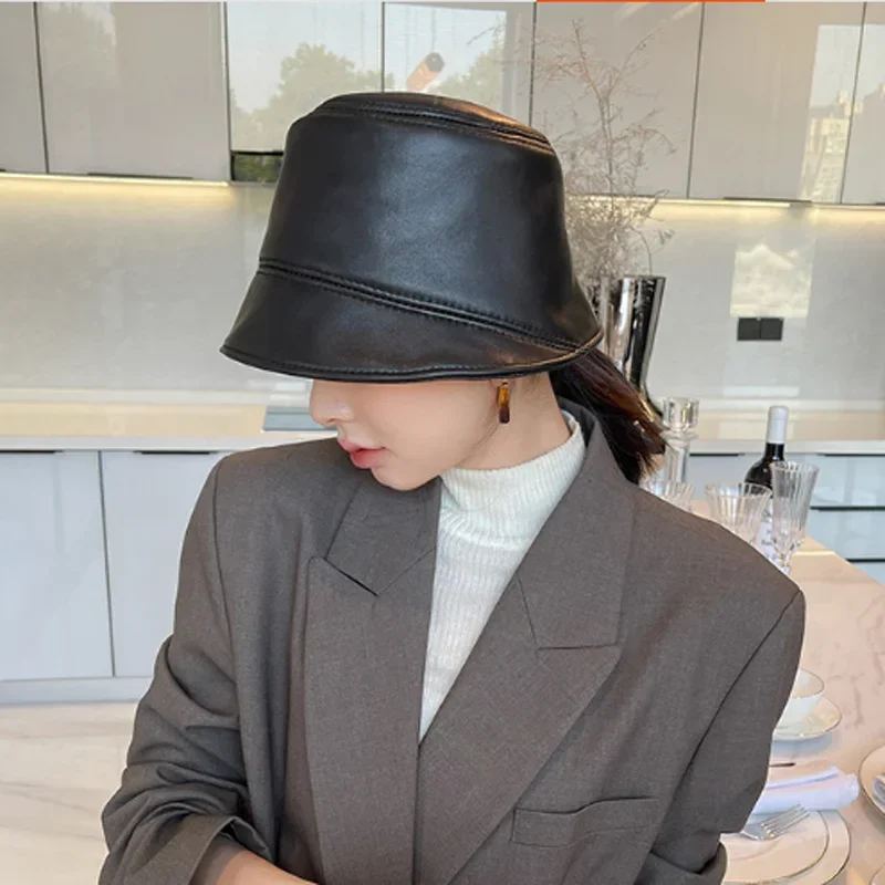 Japanese Niche Designer Retro Genuine Leather Women Bucket Hat Lady Fisherman Cap Gorro Women Cover Face Street  Flat Cap