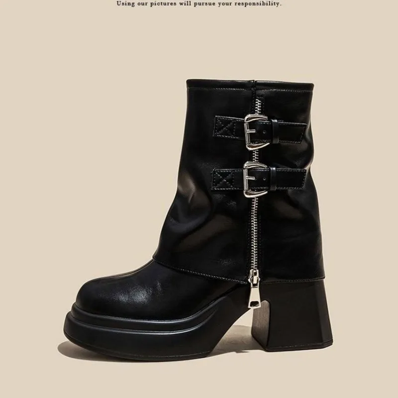 

Chunky Women Short Boots Fashion Side Zippers Platform High Heels Motorcycle Booties Retro Style Autumn Winter Female Shoes 2024