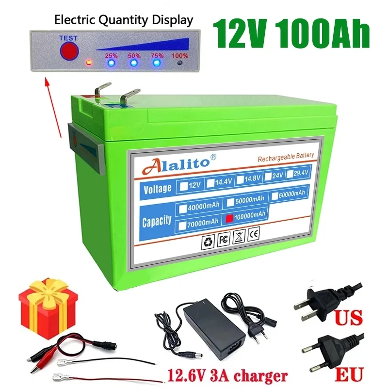 

NEW Sprayers 12V 120Ah Built-In High Current 30A BMS 18650 Lithium Battery Pack For Electric Vehicle Batterie 12.6V Charger