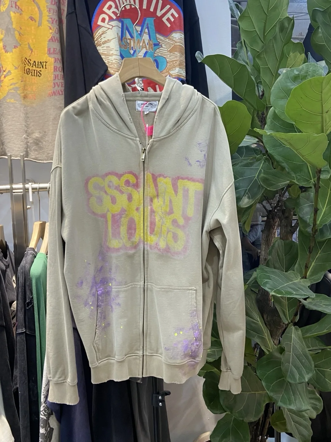 

Retro American Sle Men's Hoodie Sweatirt with S Letter Print Splattered Ink Weathered Zipper Casual Loose Fit Long Sve