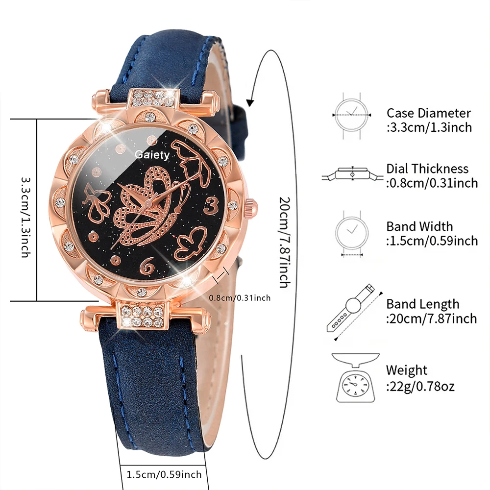 5PCS Blue Women Watch Fashion Light Luxury Butterfly Element Dial Quartz Wristwatch Leather Strap Watch Jewelry Set Gift For Her