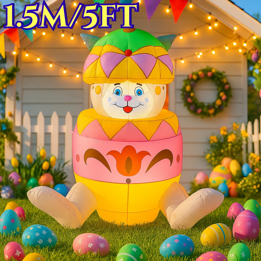 

1.5M/5FT Outdoor Holiday Decorations Easter Inflatable Rabbit in Egg Decor with LED Light Model Garden Party Prop Ornament