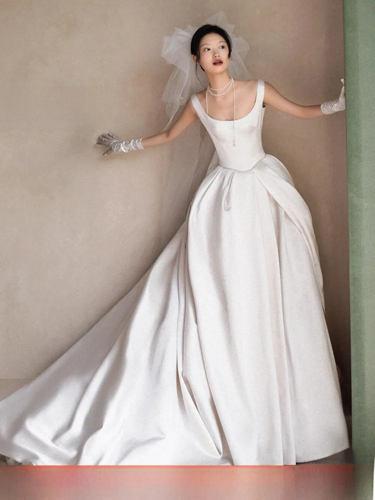 

Винтажное атласное свадебное платье в стиле Хепберн, простое, без бретелек, для церемонии, фотосессии на открытом воздухе