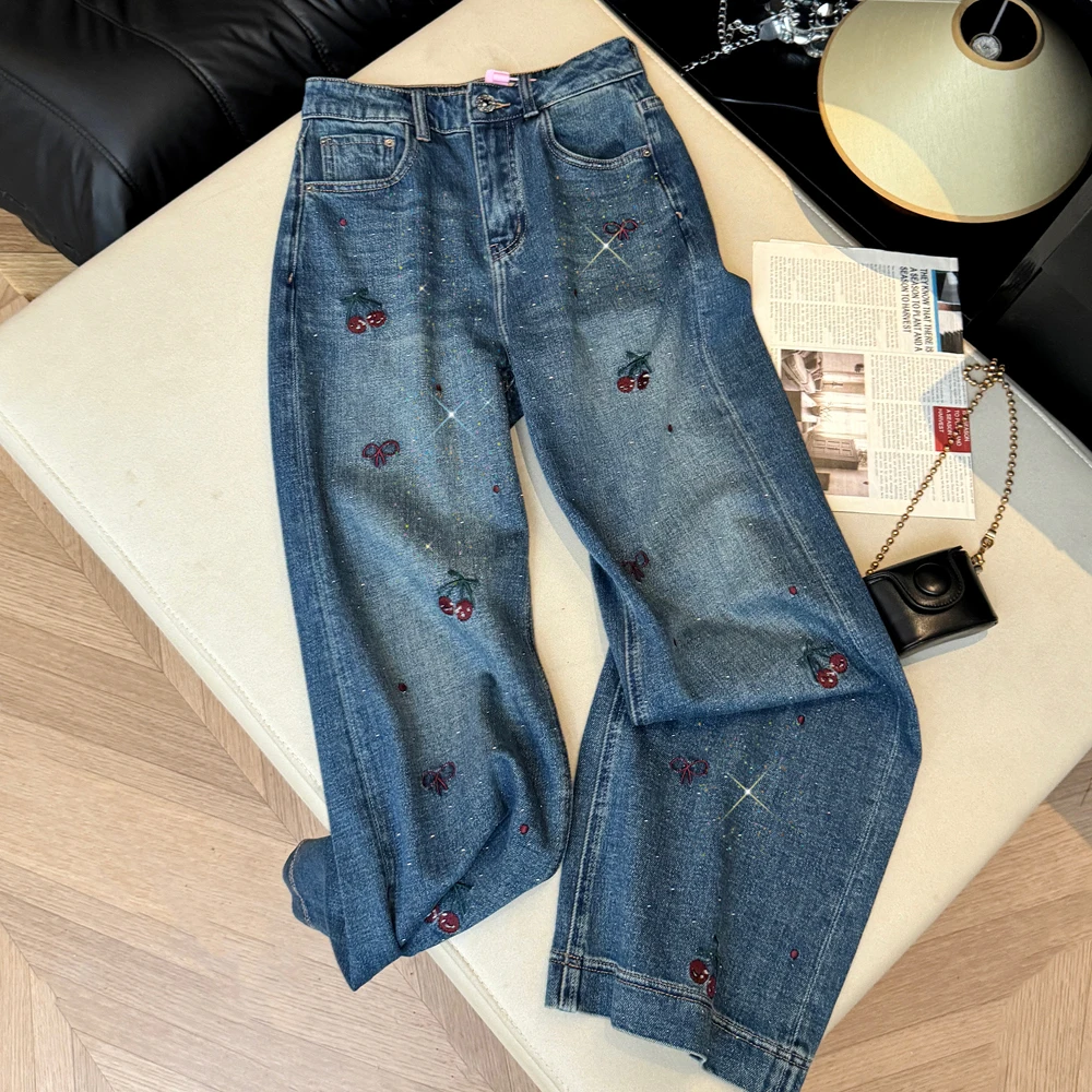 

Корейские дизайнерские джинсы с вышивкой вишневым цветом и стразами, с высокой талией, широкими штанинами, женские, летние, элегантные, универсальные, прямого кроя, из денима