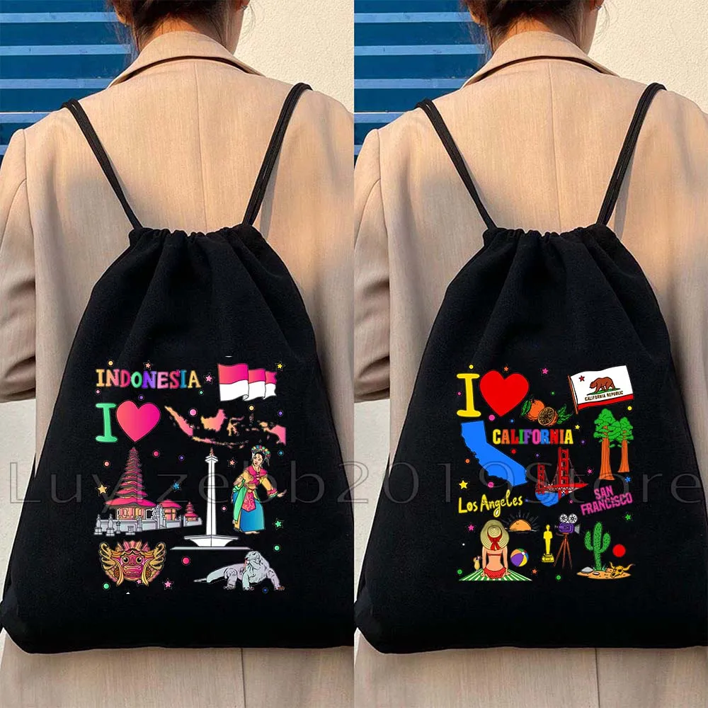 American Brazil India Mexico Russia Nigeria Ethiopia Hand Drawn Flag Map Canvas Drawstring Bags Soccer Backpack Gym Sackpack