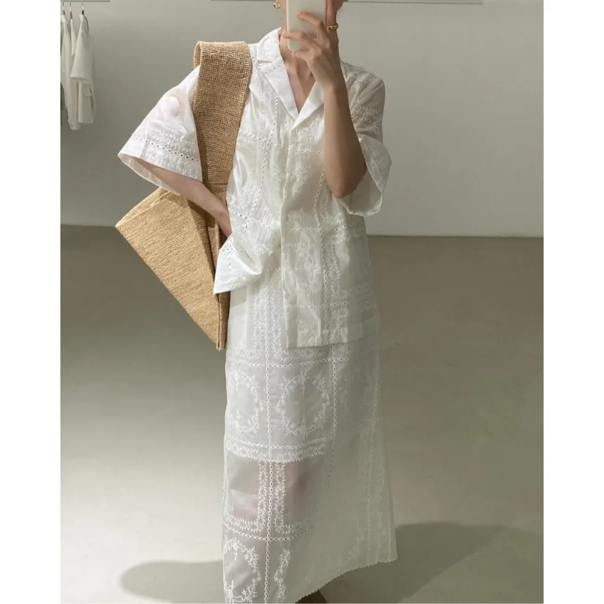 Korean Style Versatile Small Batch Hook Embroidery Single Button High Waist Midi Skirt Set Casual Fashion Ensemble for Women