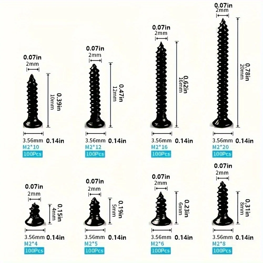 800 stuks M2 zwarte kruiskopschroeven assortimentset, borgschroeven en houtschroeven