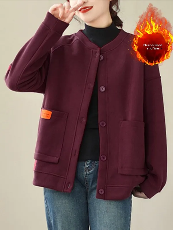 

Thiened Pure Color Silver Fur Jaet Long Sve Stand Collar Warm Outerwear for Women plus Size with Double kets Bu...