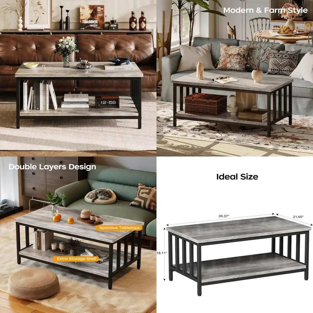 

Modern Farmhouse 2-Tier Coffee Table with Slatted Sides, Grey Wash Finish, 39 for Living Room and Home Office