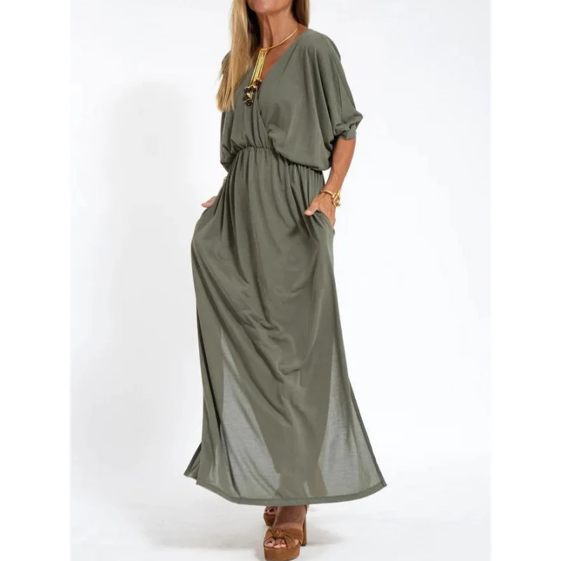 فستان صيفي أوروبي وأمريكي لعام 2025 بلون سادة وفتحة عالية الخصر