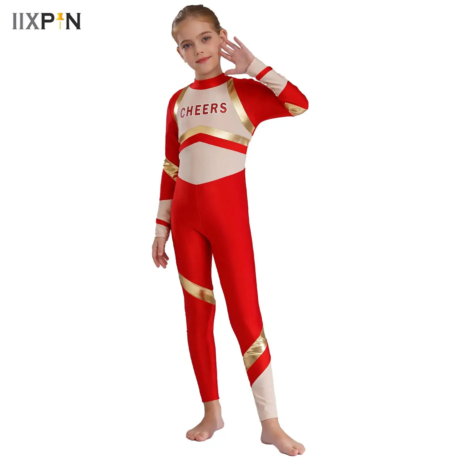 

Kids Girls Gymnastics Bodysuit Long Sleeve Mock Neck Letters Printed Color Block Patchwork Dance Jumpsuit Ballet Skate Dancewear