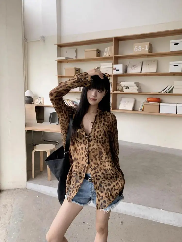 Vintage Hotsweet Leopard Chiffon Women Shirt Button Up Single Breasted Long Sleeve Autumn Tops 2000s Y2k Shirts Blouses Tops