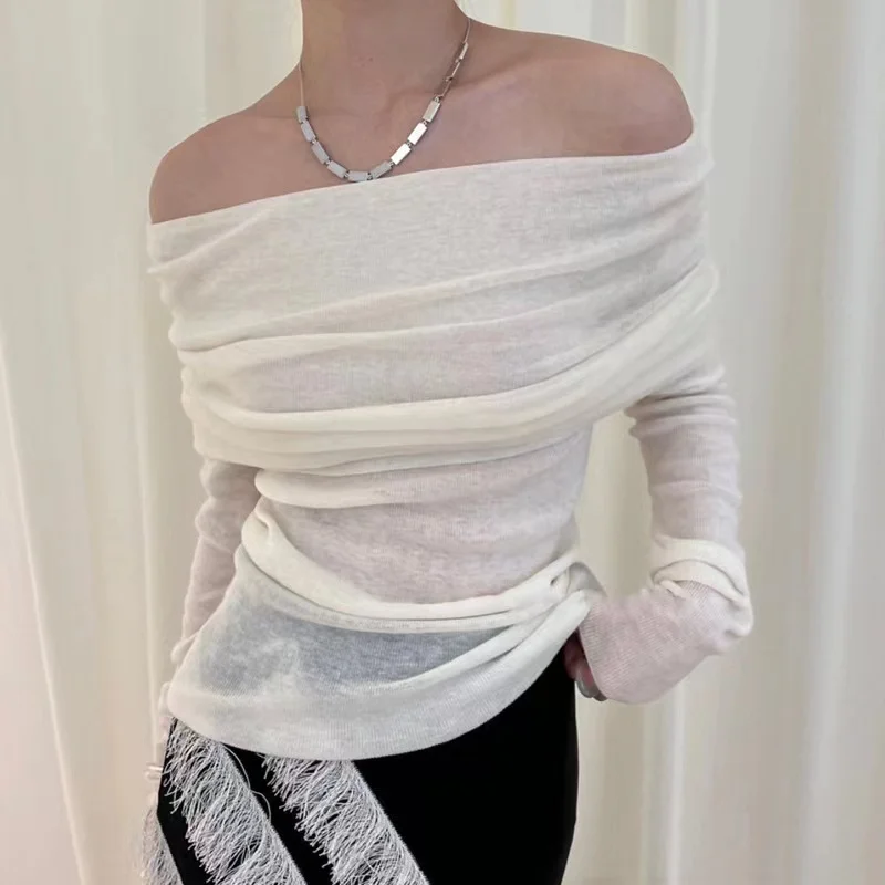Early Autumn Versatile Soft Shoulder Bared Pure Desire Soft Long Sleeve Wool Knitted Top in Three Colors Slimming Fit Commute...