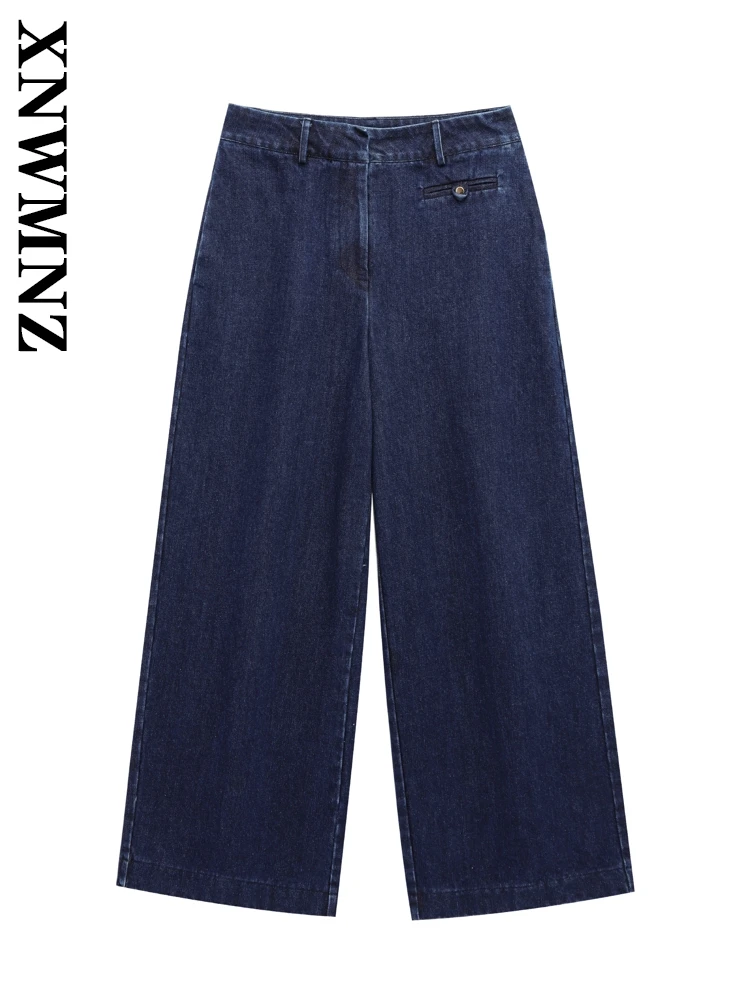 

XNWMNZ 2025 Spring New Lady Vintage Button Denim Jeans Bottoms Streetwear Summer Woman's Long Pants Ruffles Loose Fit High Waist