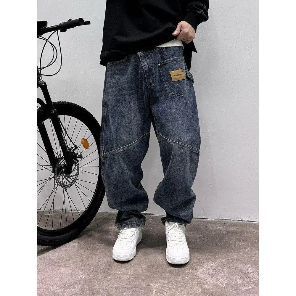 Men's Oblique Button Design Wide Legs Jeans Retro Street Spring Ins Casual Pants Cool Boy Bottom Male High Waist Denim Trousers