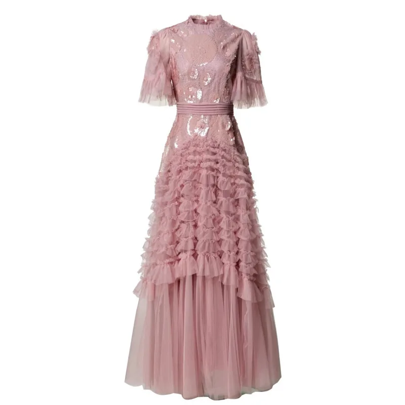 Hksh primavera verão nova maré feminina chique moda elegante doce babados colarinho manga alargamento em camadas saias longas vestido hk5391