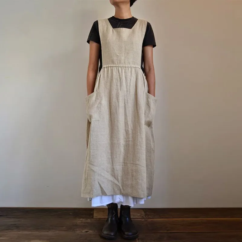 3 Color Oversized S-5XL Loose Cotton Linen Apron Midi Dress For Women Casual Pocket Homewear Solid Color Kitchen Uniform