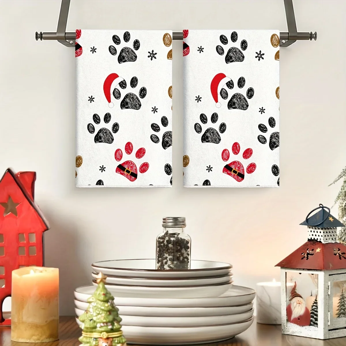 2Pcs, Red Christmas Hat Dog Paw Kitchen Towels, 40*60Cm Towel Set, Super Absorbent Soft Cleaning Cloth, Cooking Baking Tea Towel