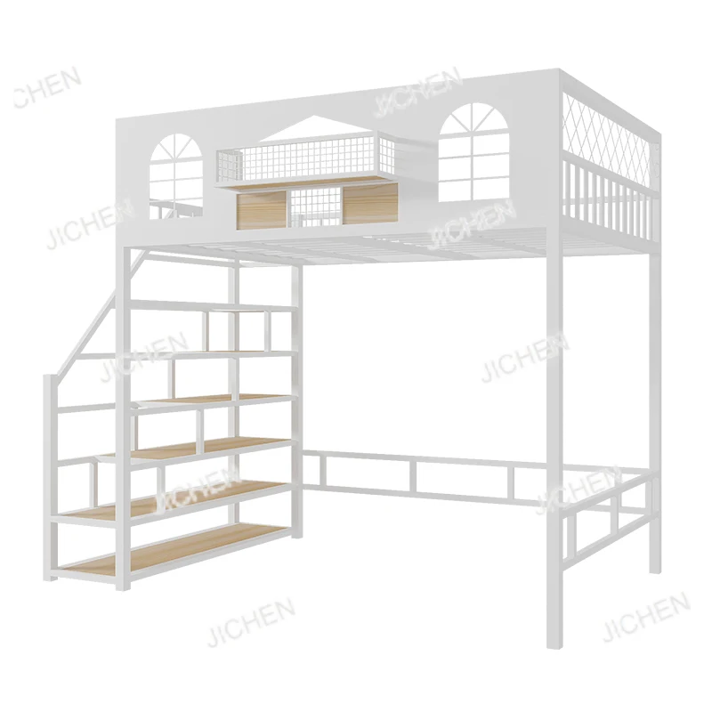 

HZ Wrought Iron Bed Elevated Loft Duplex Children's Attic, Table Small Apartment Bed Empty Under The Bed