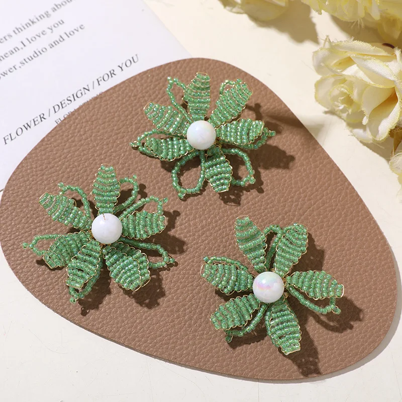 Green Leaf Pearl Beaded Flower Shoe Charms Vintage Nature Inspired DIY Embellishment Clips for Clogs Sandals Travel Beach