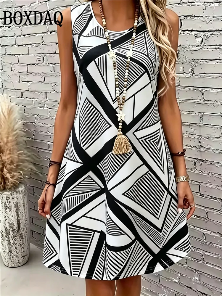 Geometric Striped Pattern Sleeveless Dress For Women‘s Summer Clothes Plus Size Loose Casual Daily Dresses For Women Summer 2026