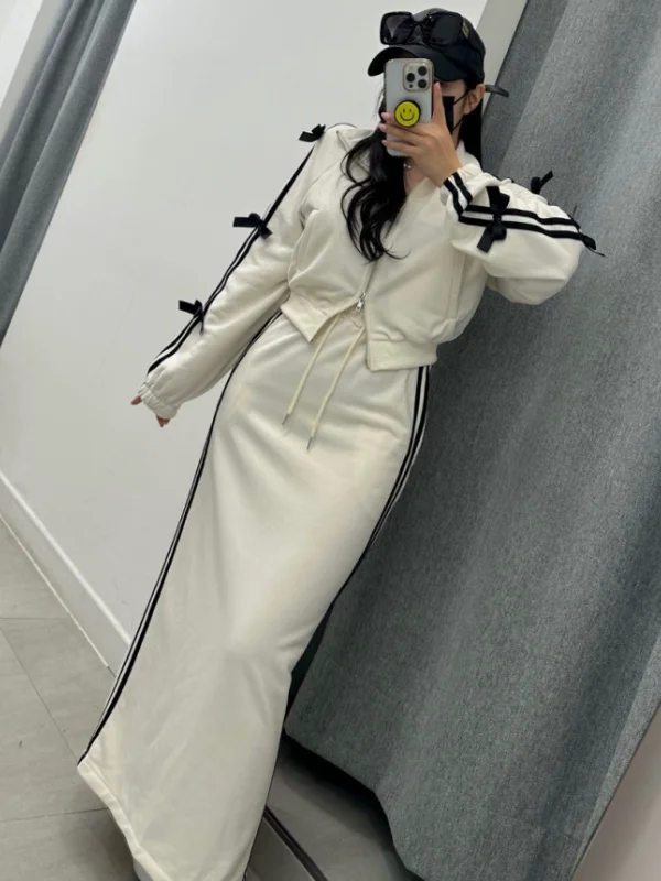 

Faionable Anti-Aging Knot Dual Zipper Hoodie Jaet Women High Waist Split f Length Skirt Sportswear Set