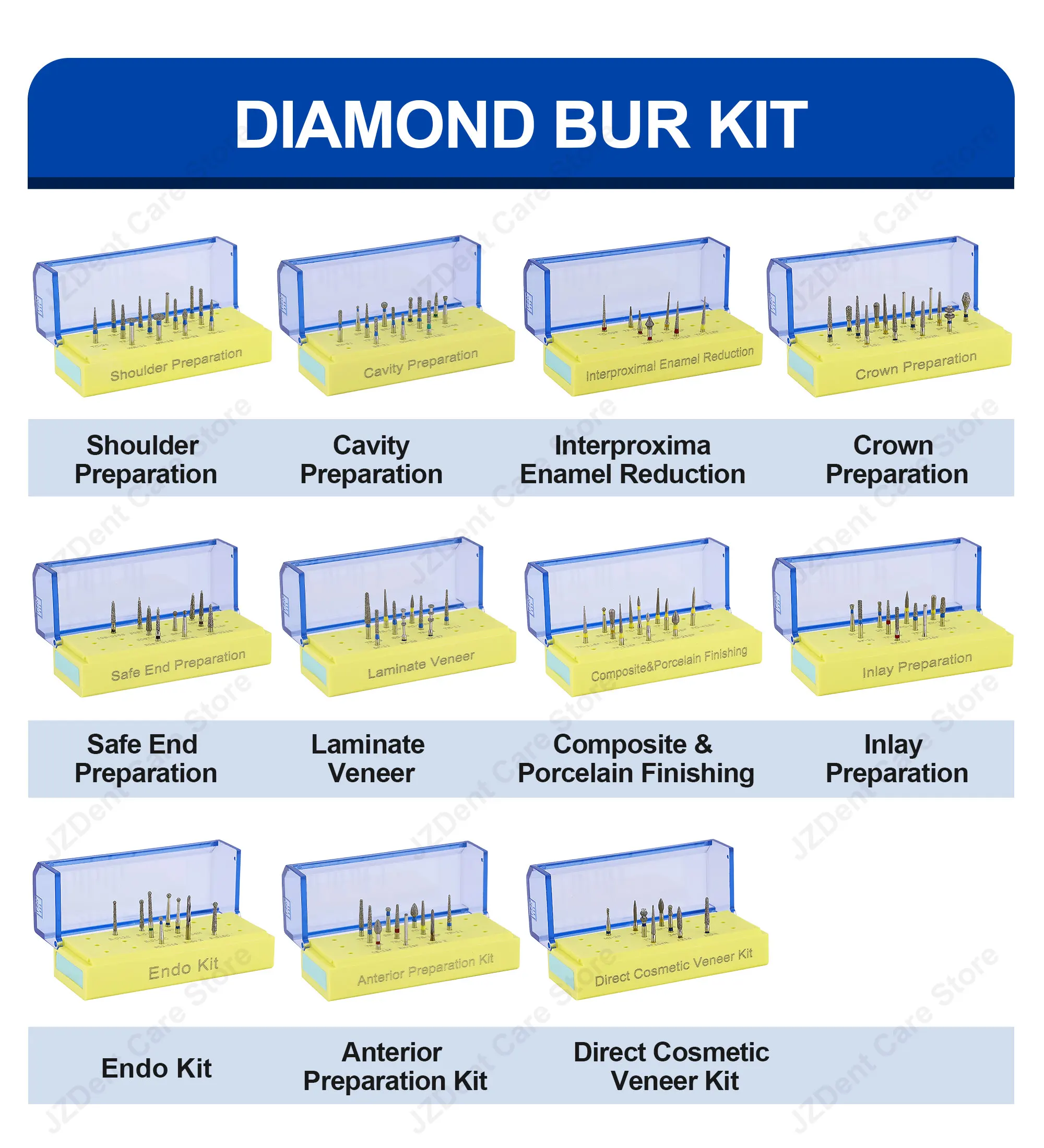 Twoendo Dental Diamond Burs Kit Lab Tool High Speed Air Turbine Handpiece Dental Burs Crown Preparation Endo Kit Polishing Drill