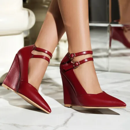 2024 Sexy Women Patent Leather Wedges Fashion Buckle Party Banquet Mary Jones Pointy Toe Shoes White Black Red