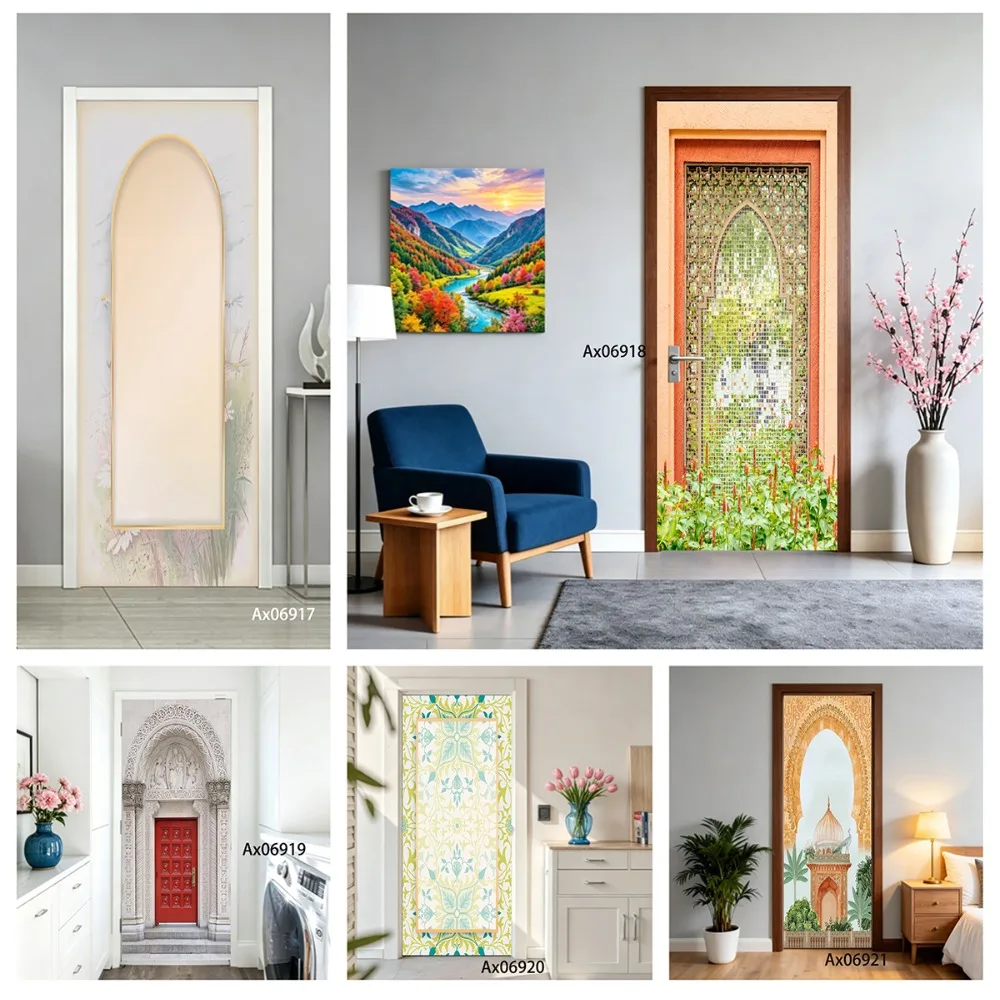 Boho Door Decal Retro Ethnic Floral Bohemian Scenery Self Adhesive Removable Waterproof Art Sticker For Home Entryway Door Decor