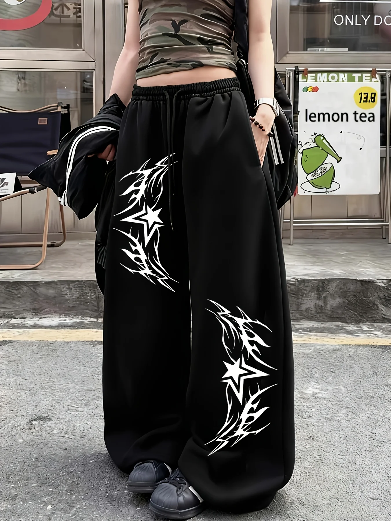 

Wide-leg Sweatpants - White Tribal-style Star Print - Y2K Street Style - Daily Party Casual Relaxed Long Pants