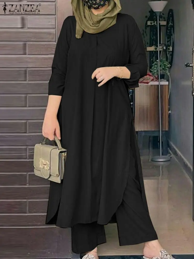 ZANZEA Fashion  Muslim Sets Long Sleeve Tops Wide Leg Pant 2PCS Woman Solid Color Loose Outifits Elegant Party Tracksuits Abaya