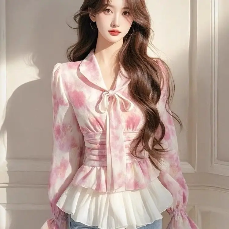 Pink Gradient Splicing Design Shirt Women's Spring Autumn Long Sleeve Waist Cinched  Knot Unique Attractive Top