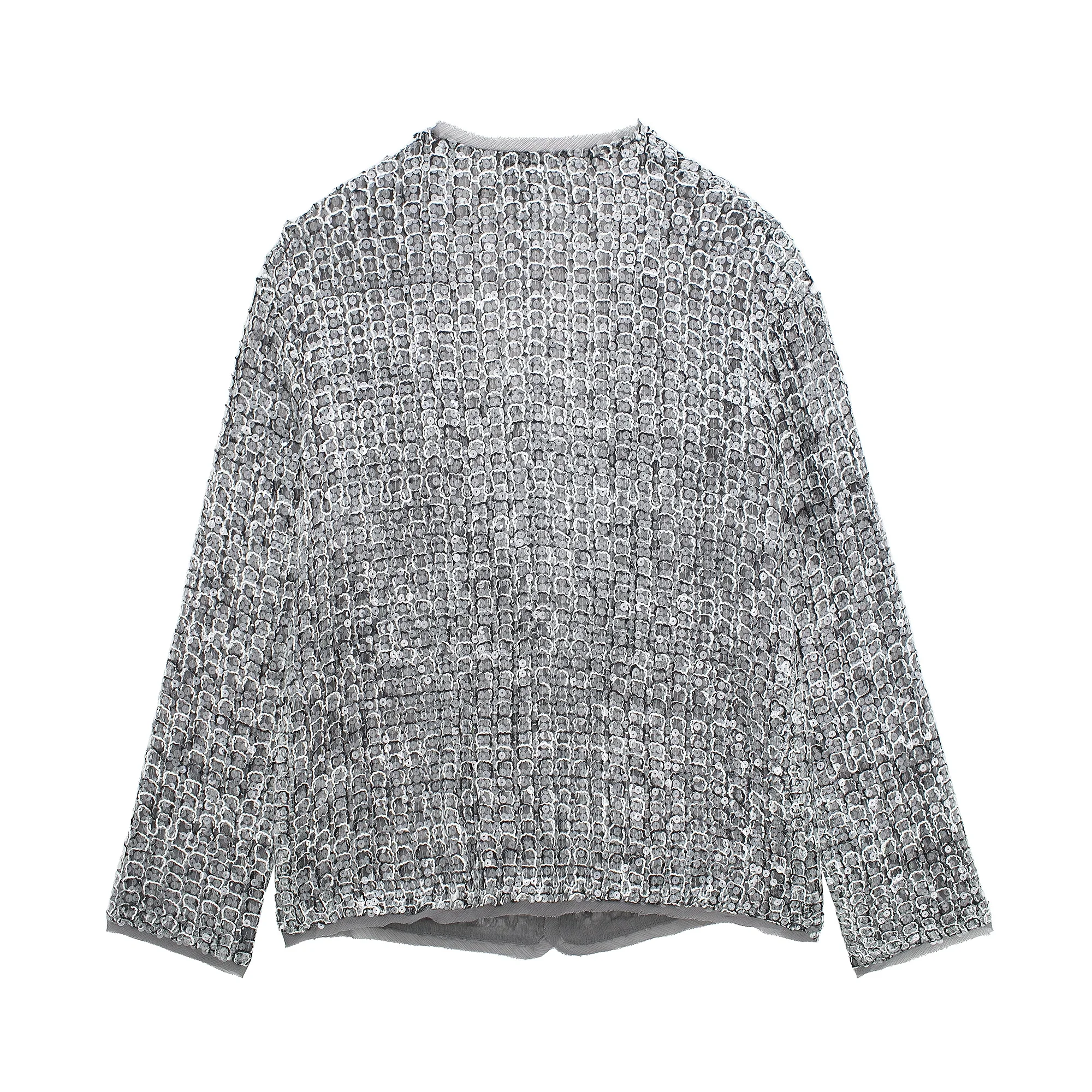 Tangada 2024 Women Gray Beading Crop Suit Coat Long Sleeve Lady Blazer 3H0155