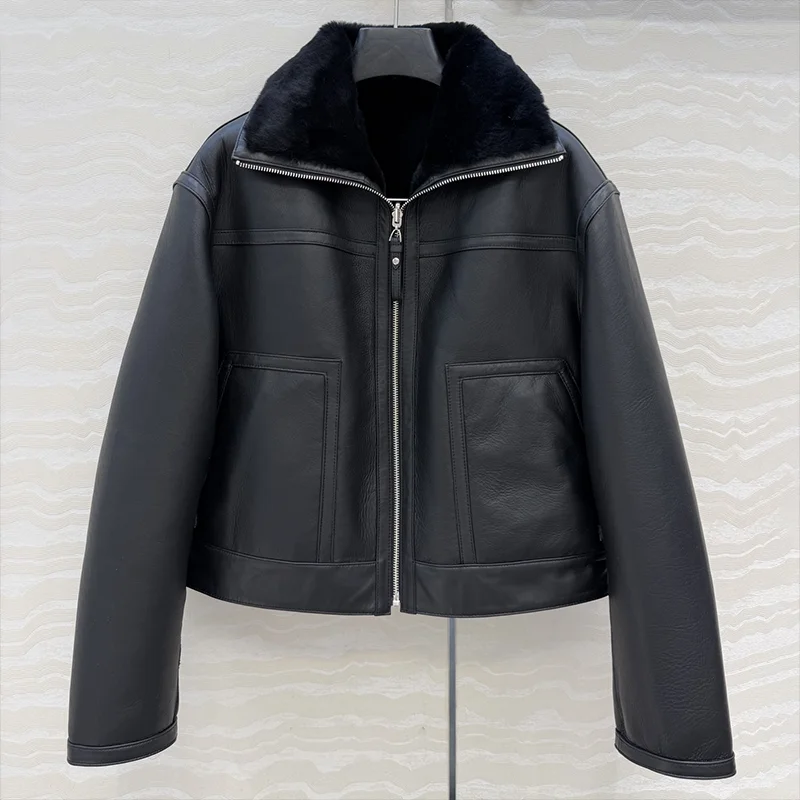 

High quality Double sided two layer coat genuine leather wool women's motorcycle jacket - stylish outerwear 25121361
