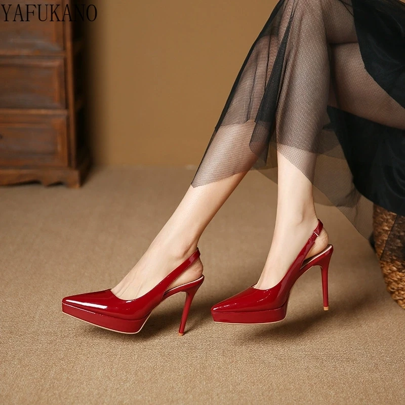 11Cm Platform Girl High Heels Fashion Patent Leather Sexy Slingbacks Pumps Pointed Toe Party Prom Thin Heels Sandals Big Size 41