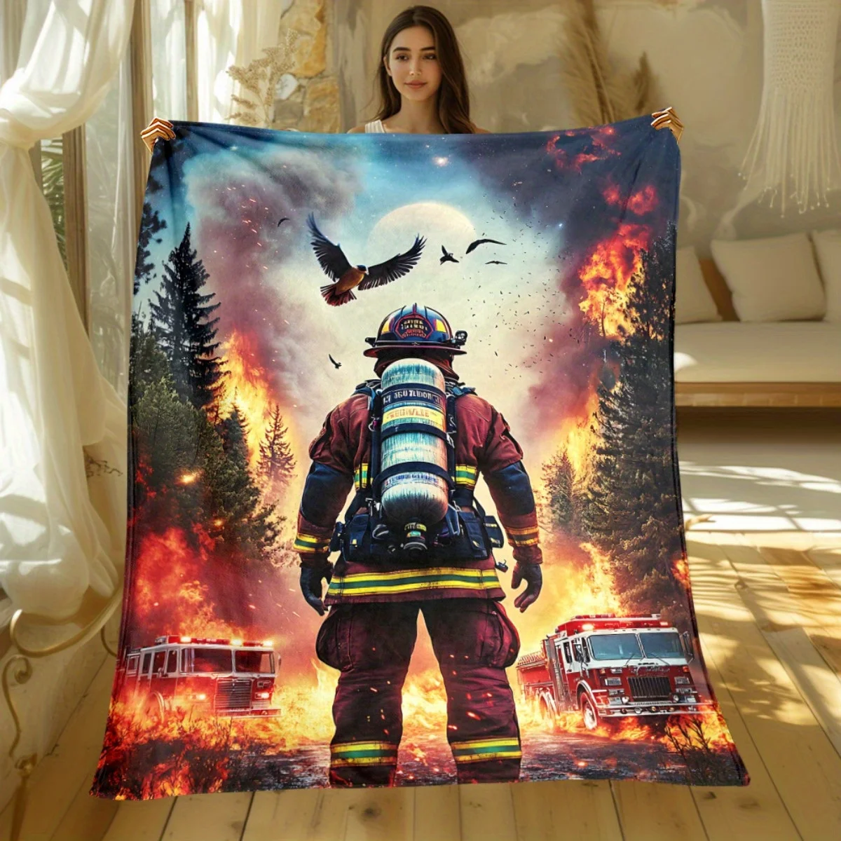 Firefighter forest pattern Flannel printed blanket suitable for all seasons suitable for living room office sofa and travel