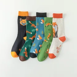 1 Pair Men's Mid-calf Socks With Cartoon Fox Pattern ，Fashionable Personality For Everyday