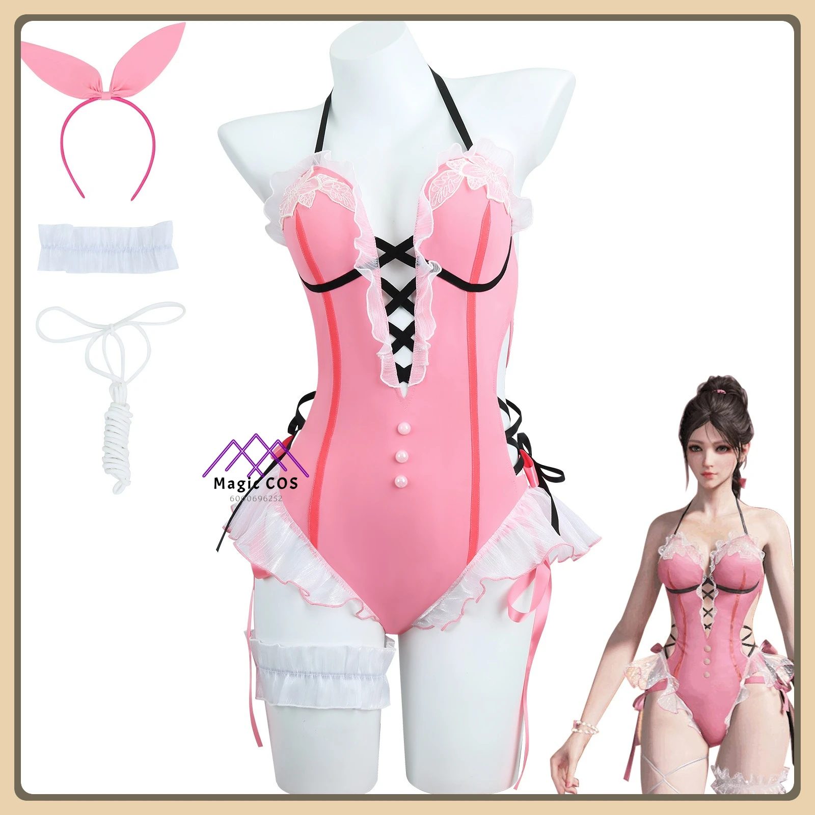 

Горячее аниме Shen Miao, полный комплект для косплея, милый розовый купальник + парик, декоративный реквизит, одежда высокого качества в стиле аниме (женский)