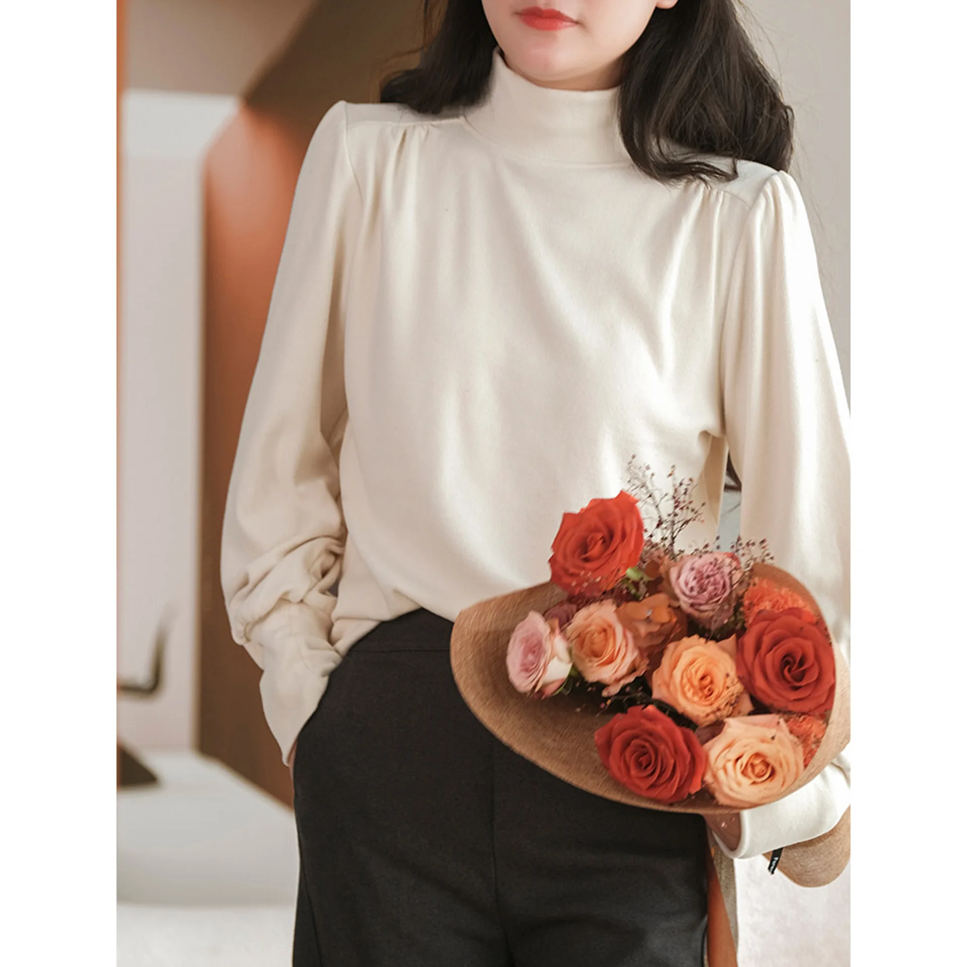 

Rong Tai Wool Thermal Double-sided Brushed Loose Fit Half High Collar Base Shirt Women's Fashionable Slimming Inner Wear Top