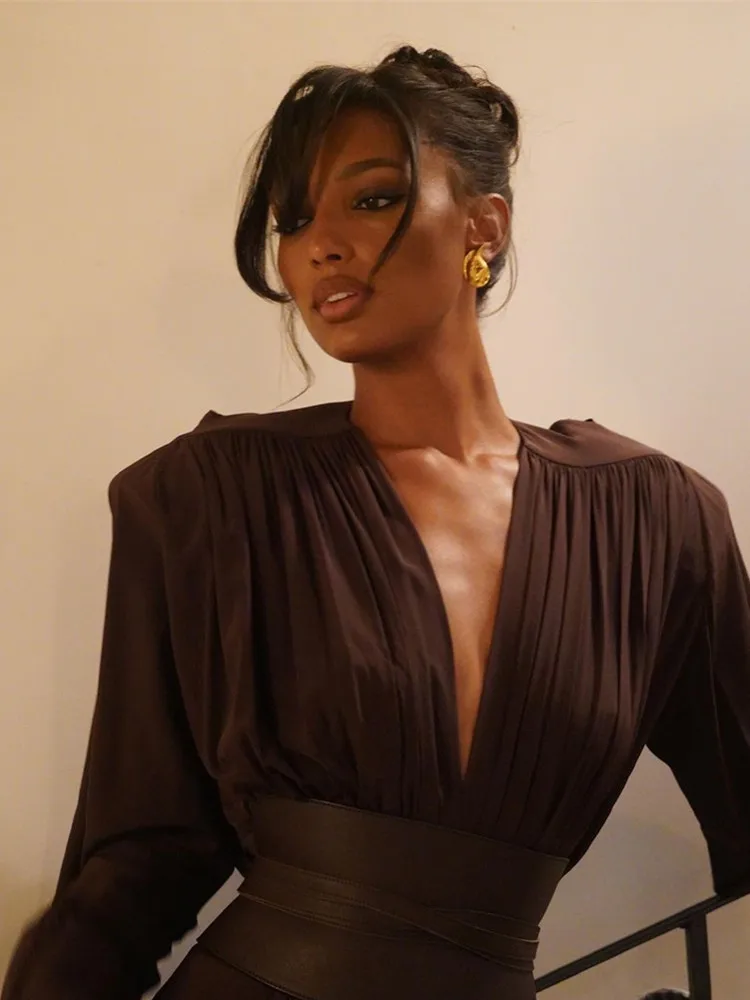 فستان نسائي بأكمام طويلة برقبة على شكل حرف V ، خط ، بني ، فساتين طويلة ، أنيق ، حفلة مسائية ، نادي ، مثير ، مشاهير ،